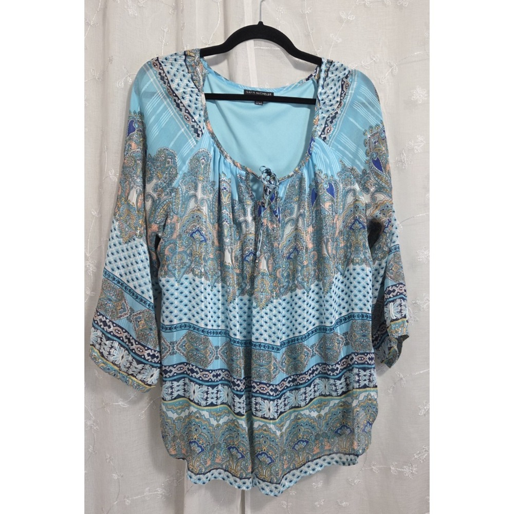 Sara Michelle Teal Paisley  Blouse Shirt XL‎ Bohemian Flowy Lace up Neck